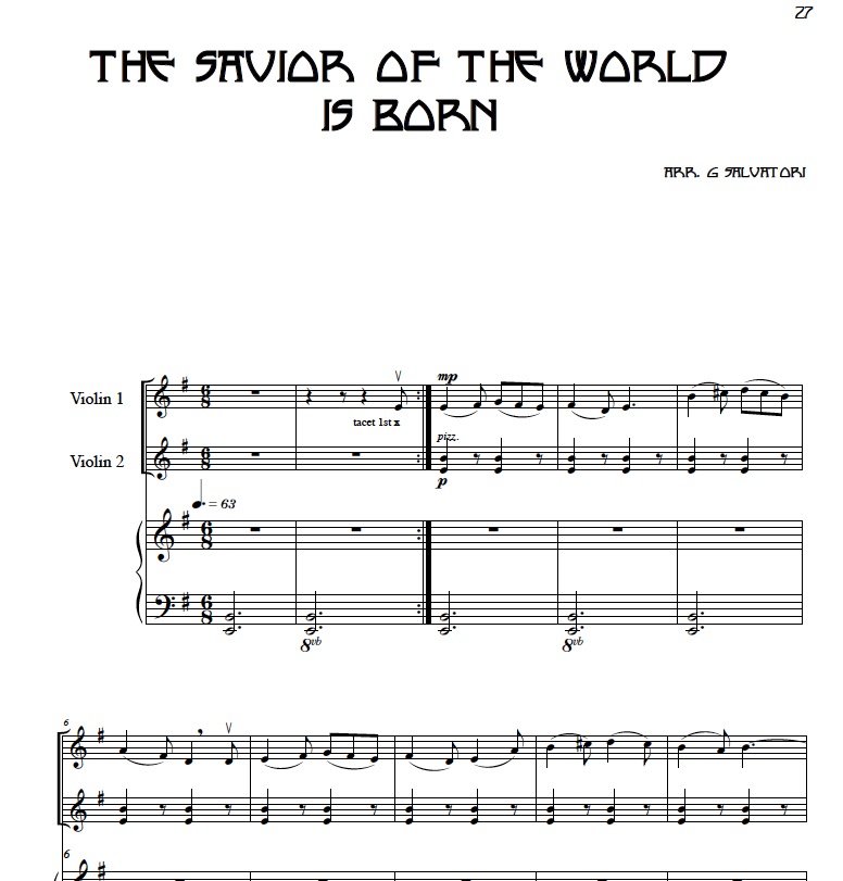 Christmas sheet music for 2 violins and harp or piano